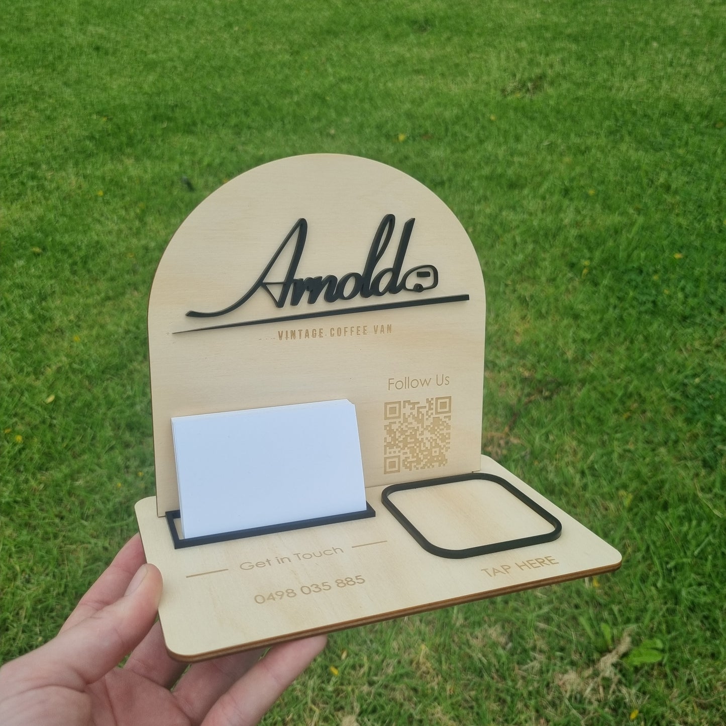 Business station - logo, QR code, contact details, business card and square reader holder