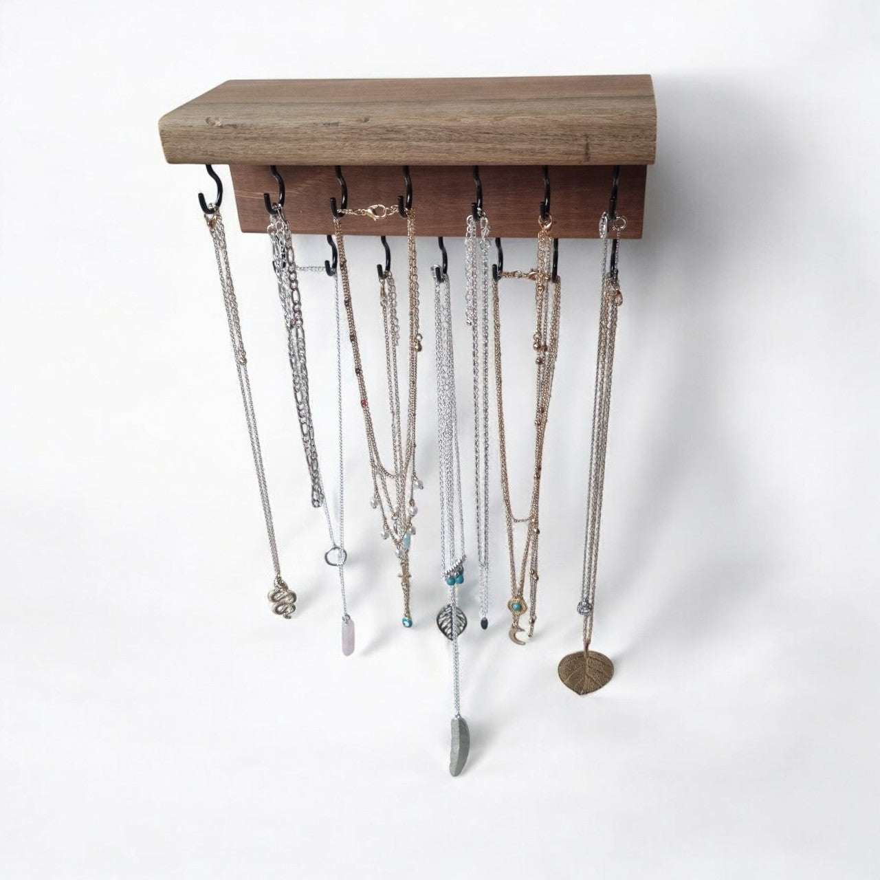 Timber necklace holder with shelf