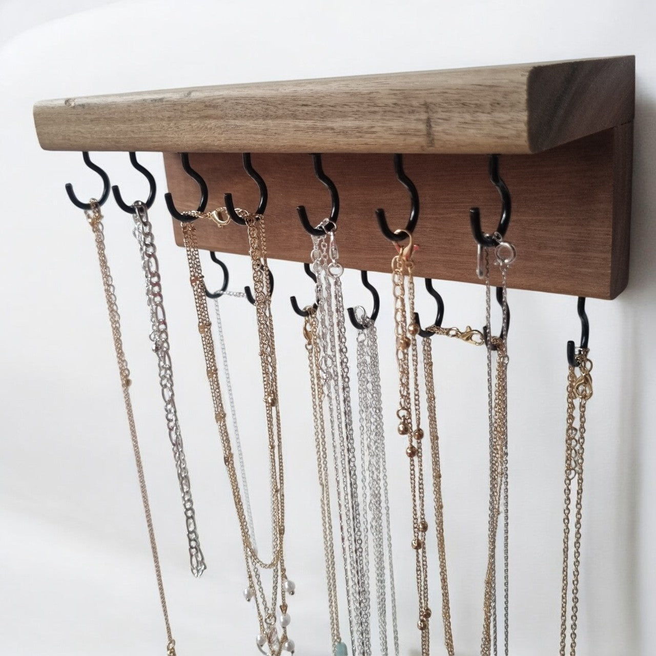 Timber necklace holder with shelf