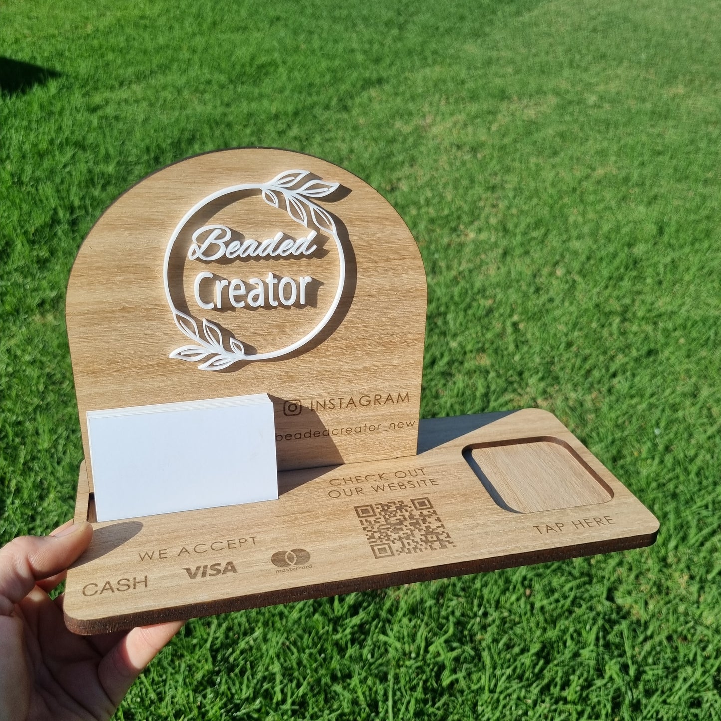 Business Station - Logo, social media icons, business card holder, payment methods, QR code, square reader holder
