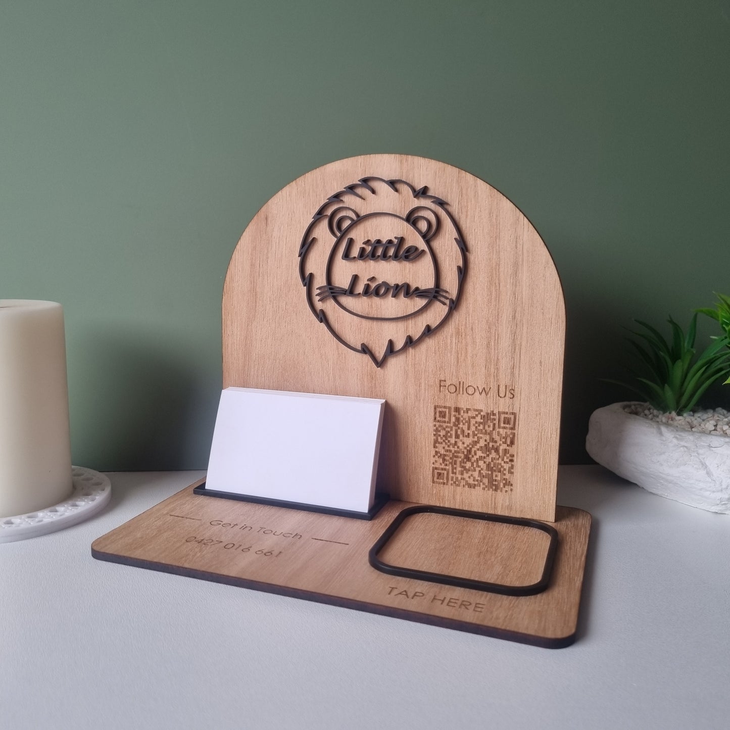 Business station - logo, QR code, contact details, business card and square reader holder