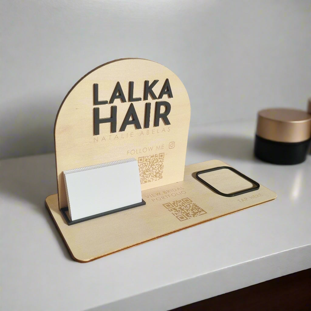 Business station - logo, QR code, contact details, business card and square reader holder