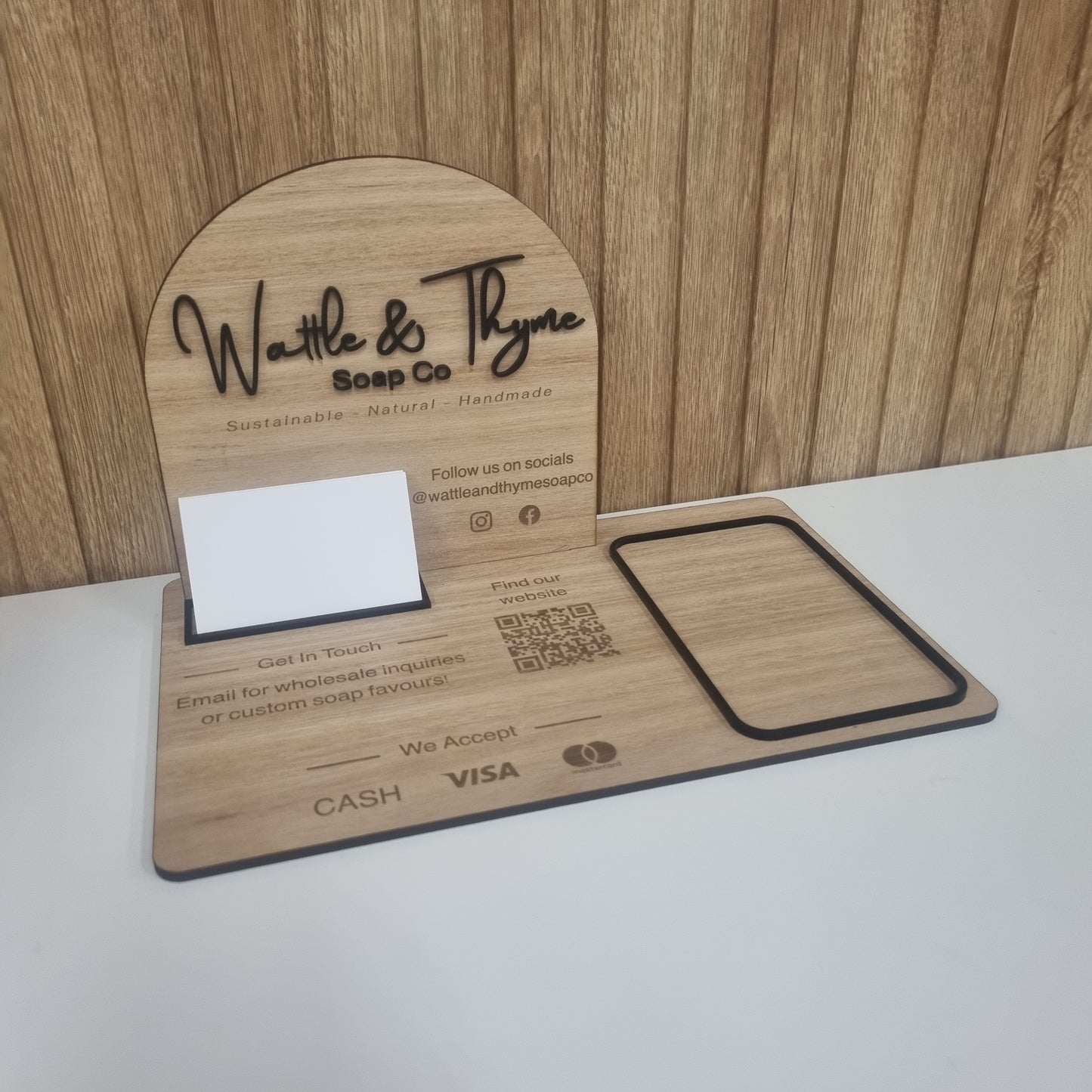 Business station - logo, social icons, contact details, business cards, QR code, payment methods, square terminal holder