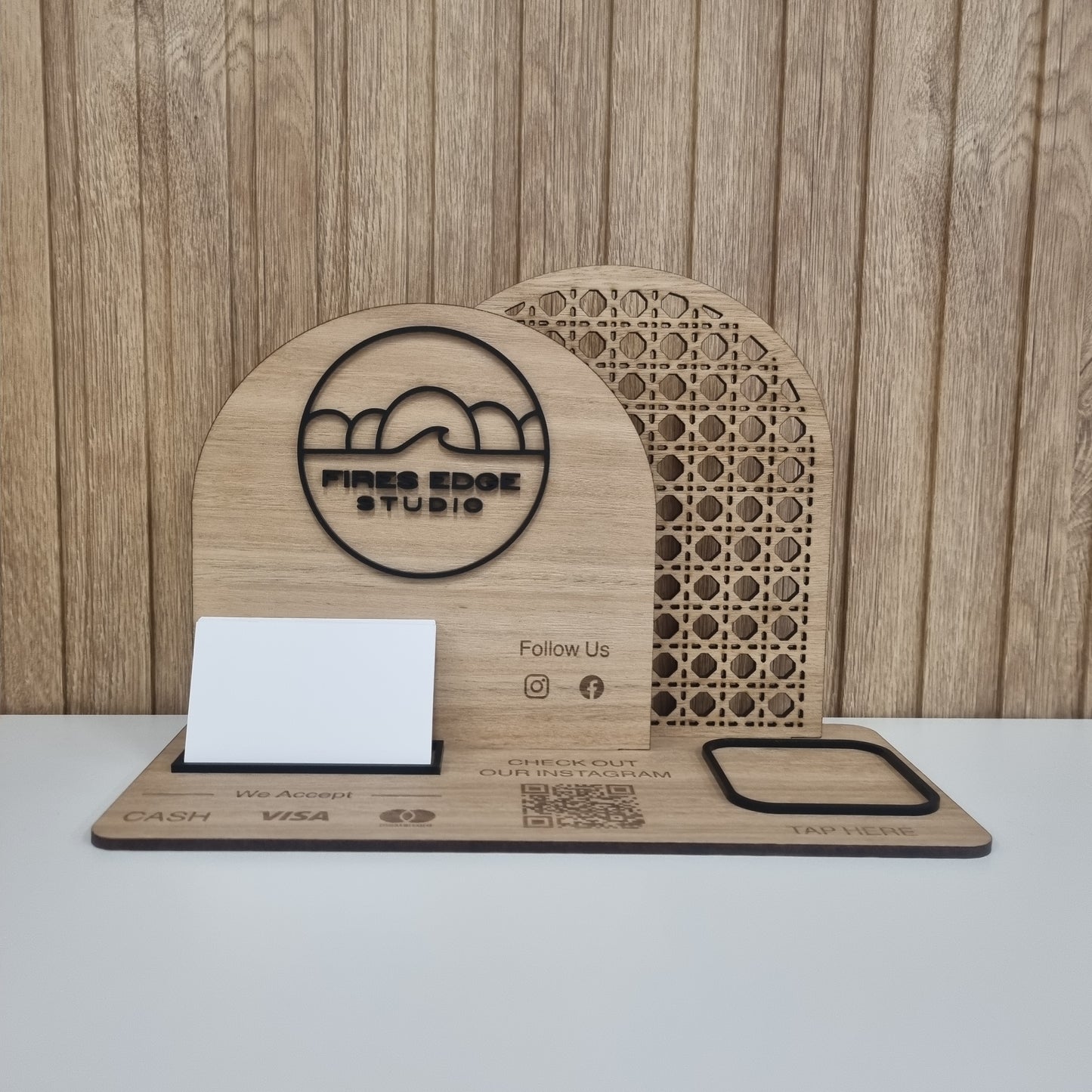 Business Station with Rattan backer - logo, social icons, business cards, square reader holder, payment methods, QR code