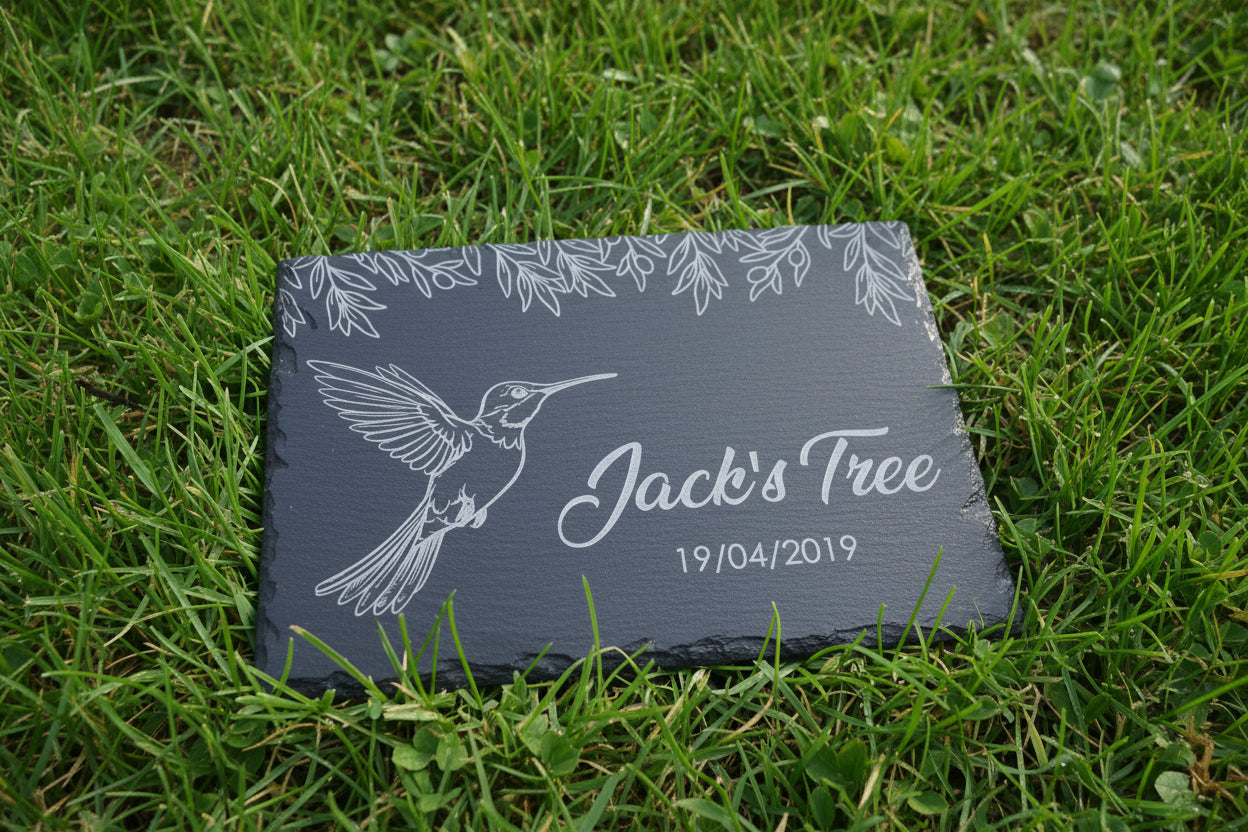 Slate Memorial Plaque - Hummingbird and botanical design
