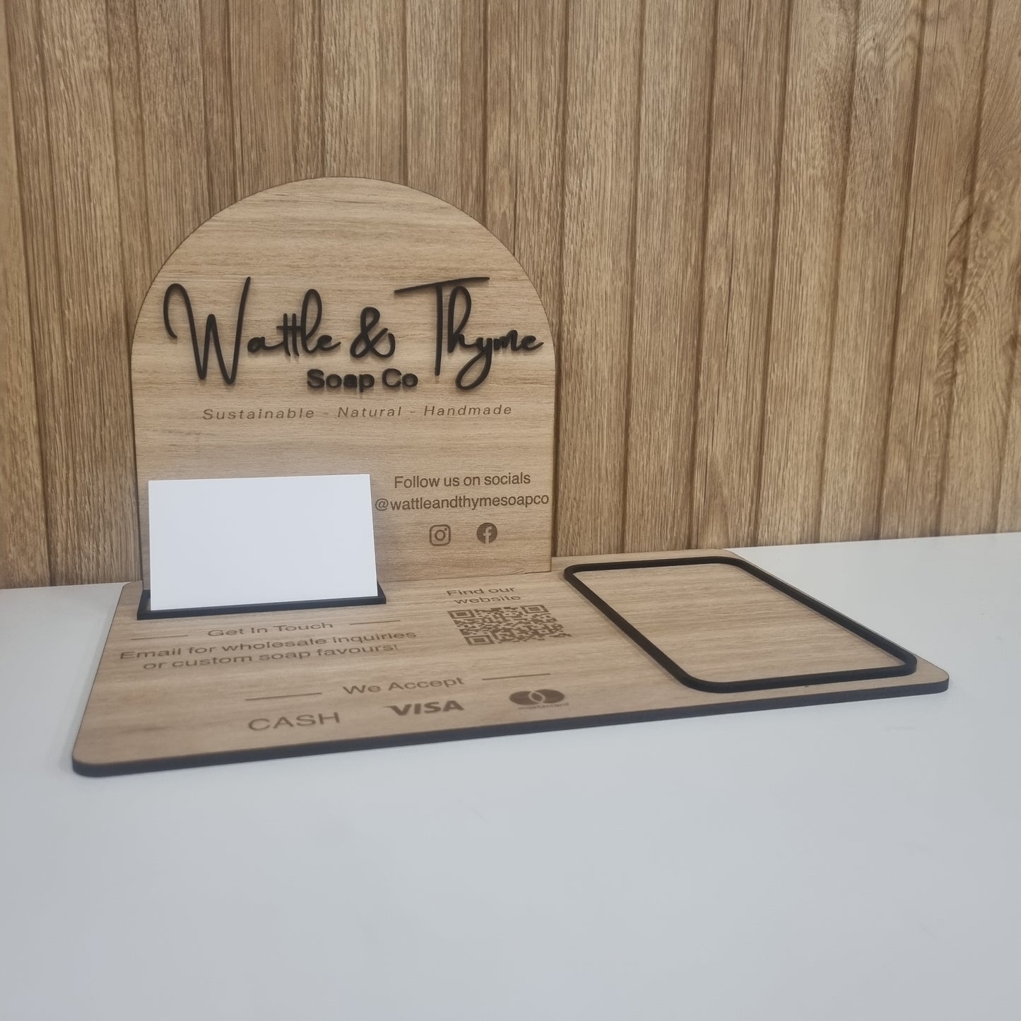 Business station - logo, social icons, contact details, business cards, QR code, payment methods, square terminal holder