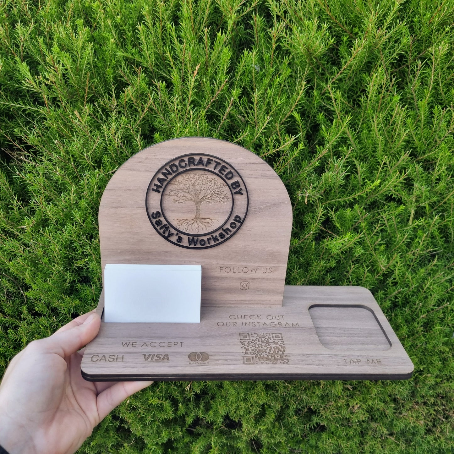Business Station - Logo, social media icons, business card holder, payment methods, QR code, square reader holder