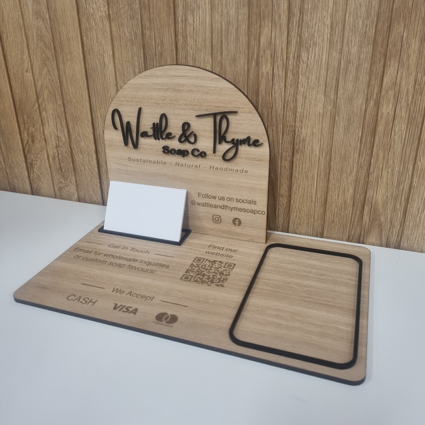 Business station - logo, social icons, contact details, business cards, QR code, payment methods, square terminal holder