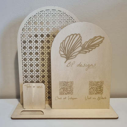 Business station with rattan backer - Logo, double QR code, business card holder