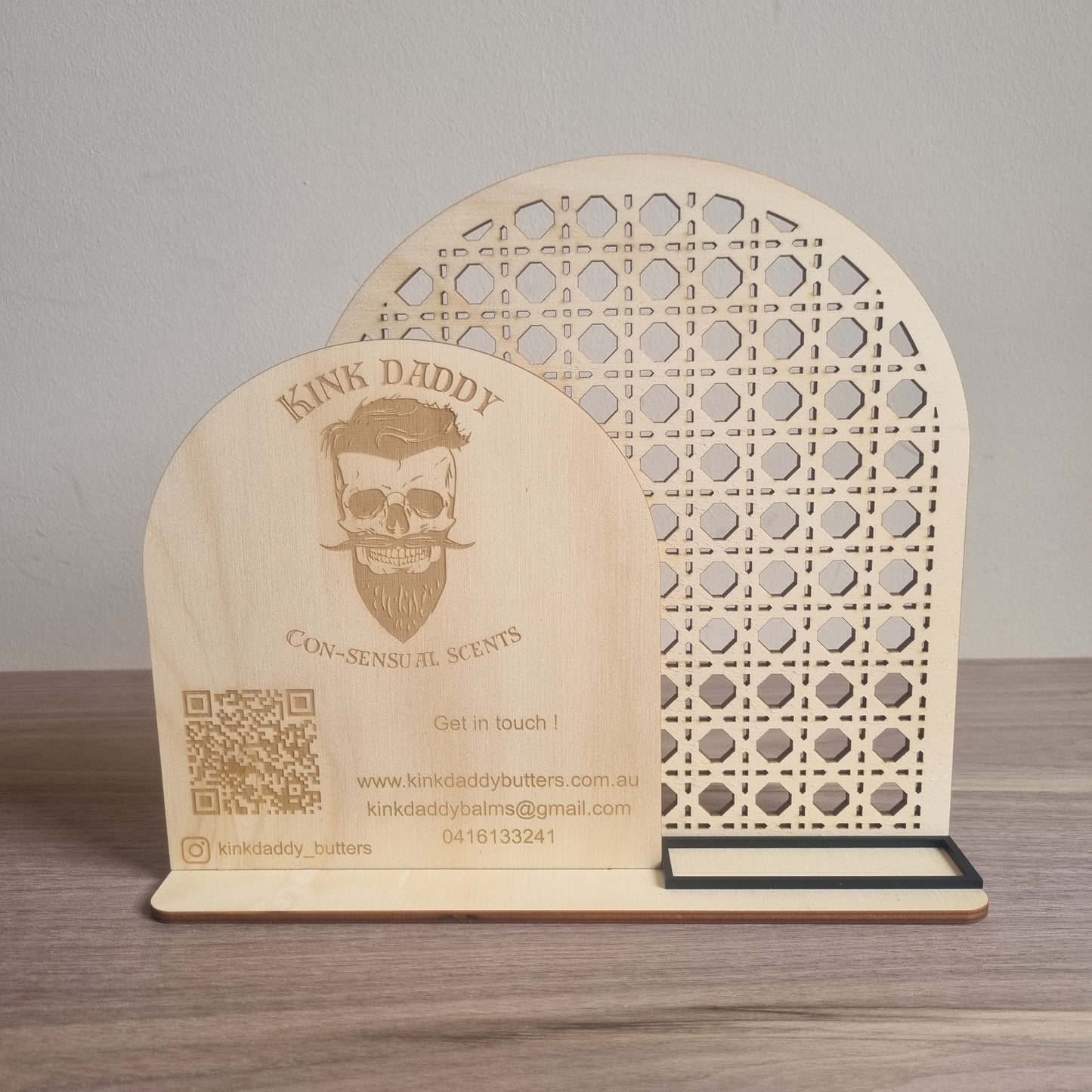 Business Station with Rattan backer - logo, QR code, contact details, business cards