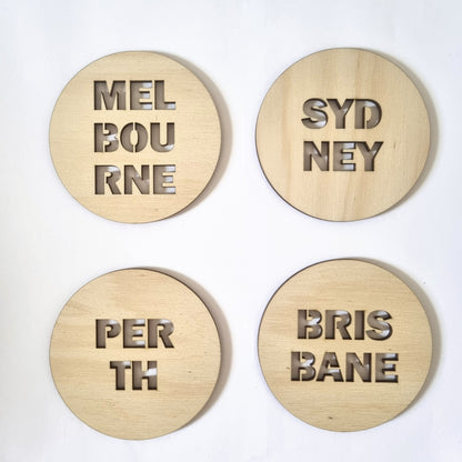 Round coaster set of 8 Australian cities