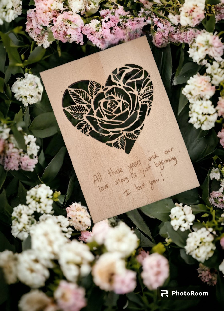 Wood cards - Rose in Heart - Own handwriting