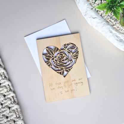 Wood cards - Rose in Heart - Own handwriting