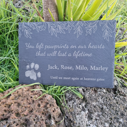 Slate Memorial Plaque - Paw print and botanical design