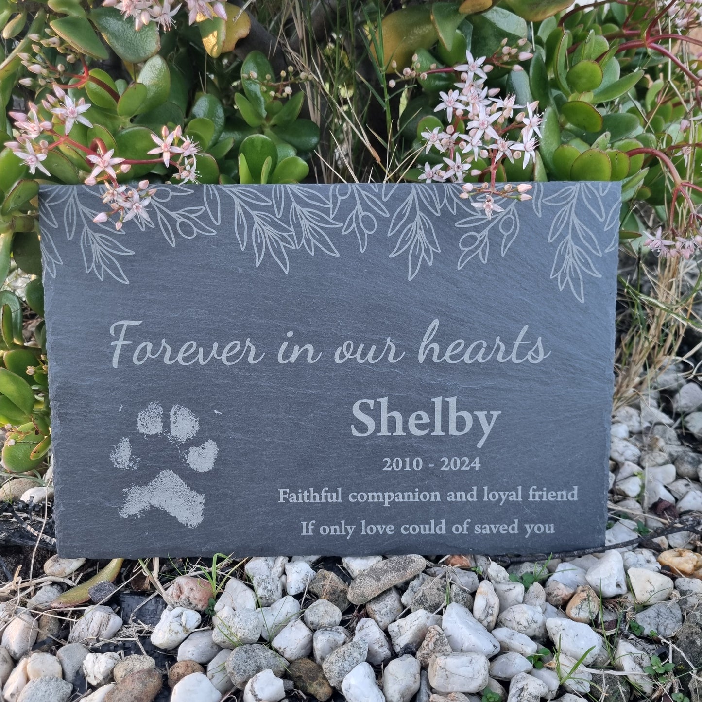 Slate Memorial Plaque - Paw print and botanical design