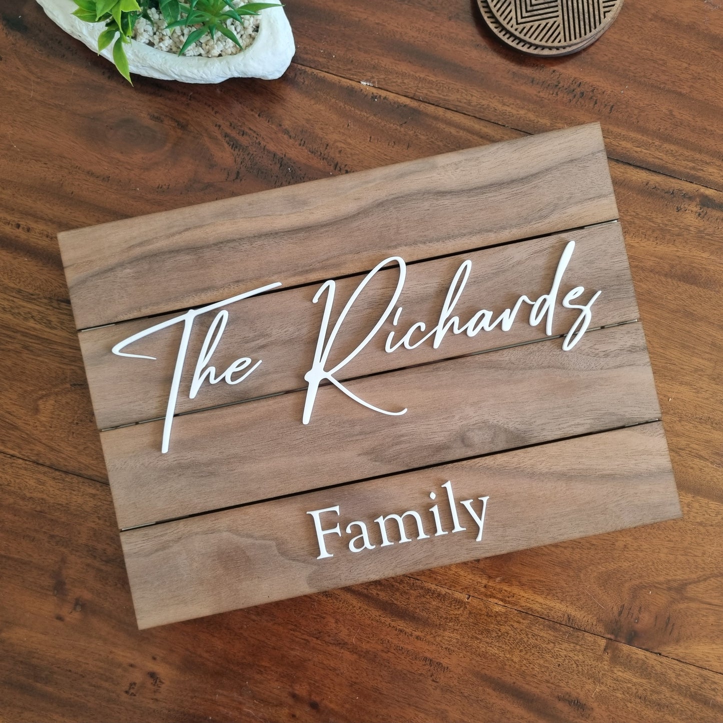 Family name sign - slat design with hidden key holder