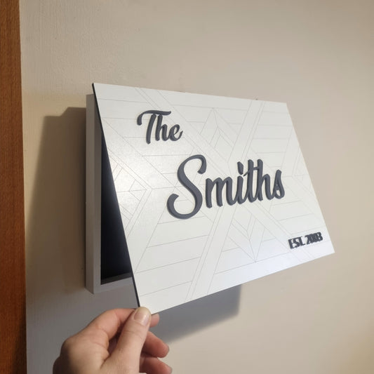 Family name sign - geometric design with hidden key storage