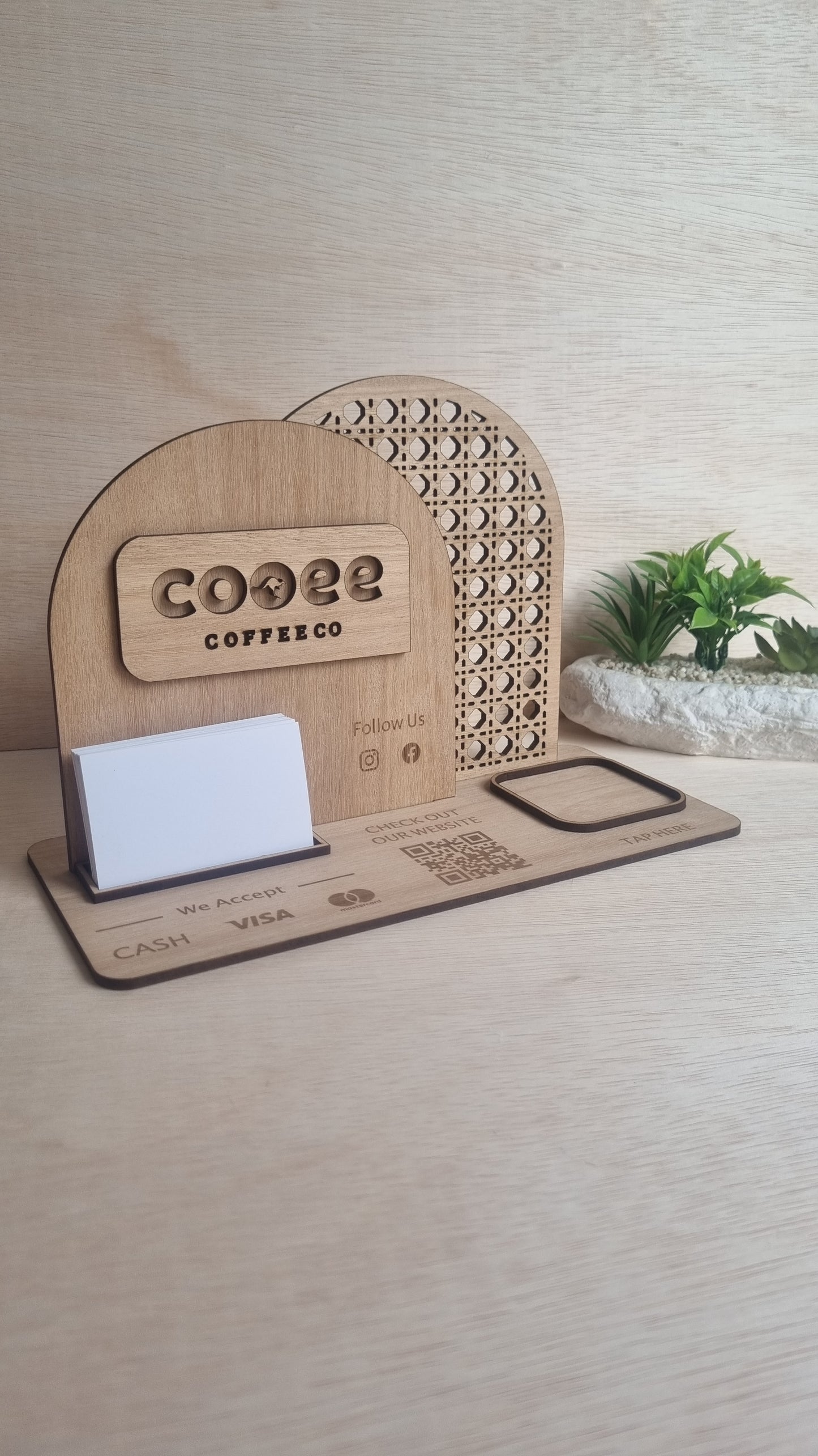 Business Station with Rattan backer - logo, social icons, business cards, square reader holder, payment methods, QR code