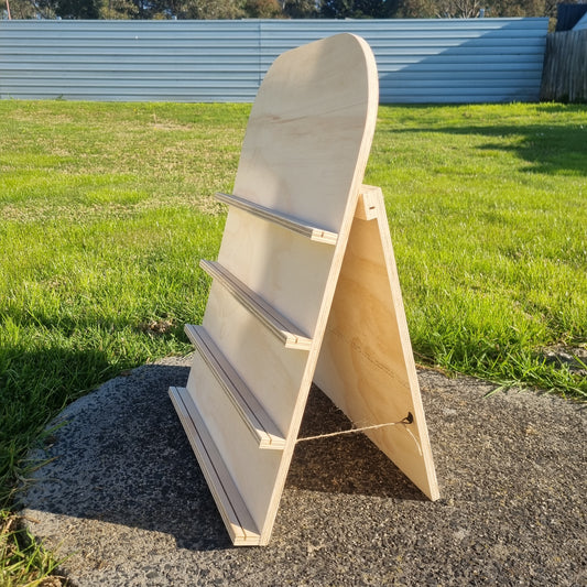 Standing board card product display - curved top