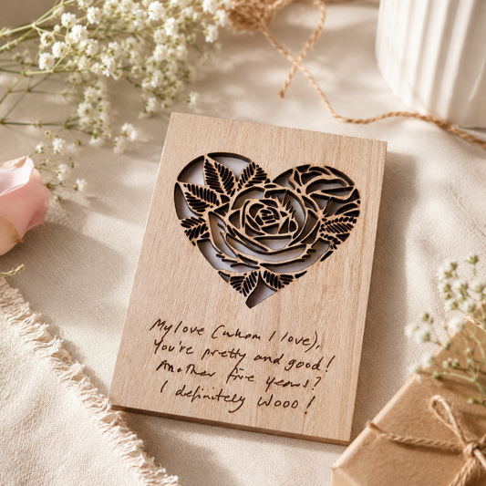 Wood cards - Rose in Heart - Own handwriting