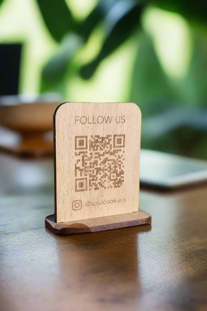 Mini QR code engraved on wood