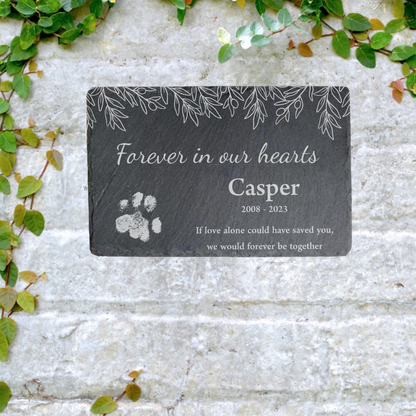 Slate Memorial Plaque - Paw print and botanical design