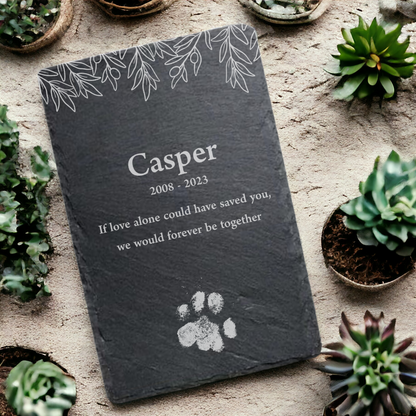 Slate Memorial Plaque - Paw print and botanical design