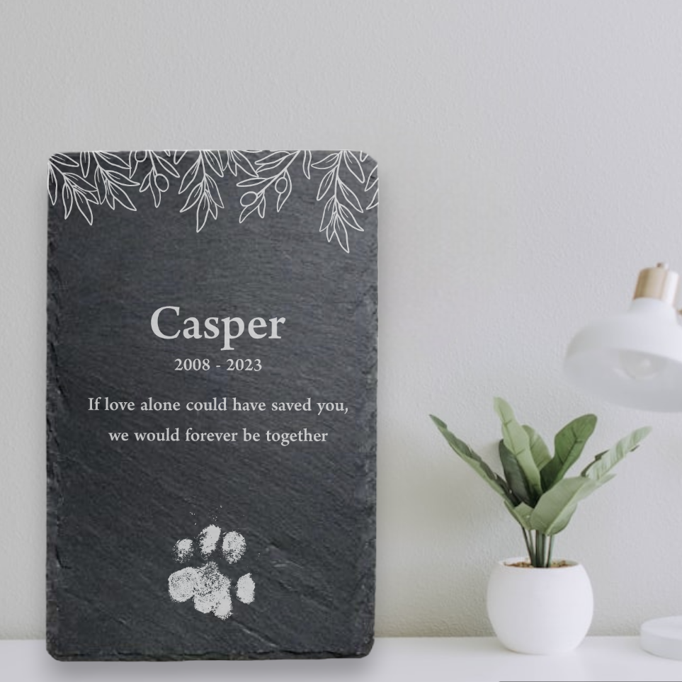 Slate Memorial Plaque - Paw print and botanical design