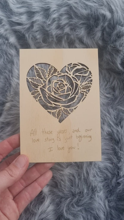 Wood cards - Rose in Heart - Own handwriting