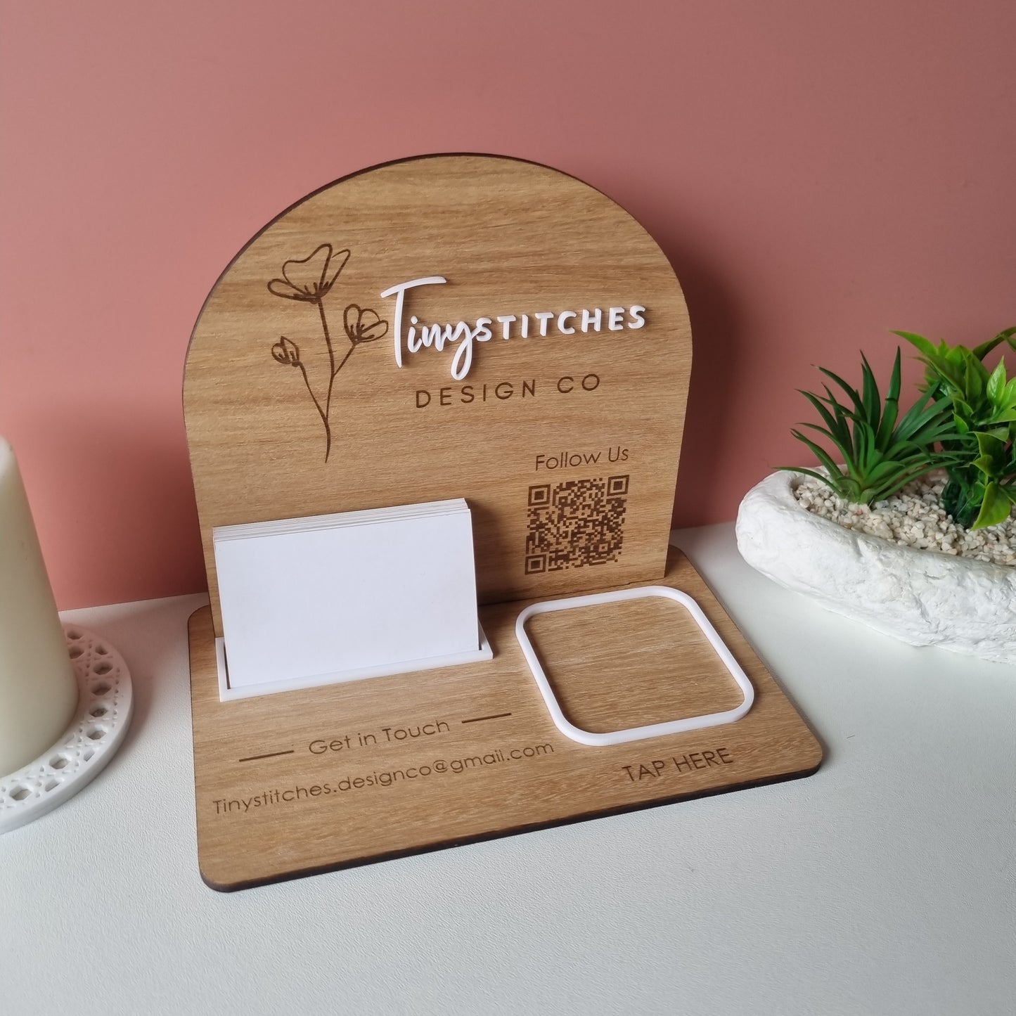 Business station - logo, QR code, contact details, business card and square reader holder
