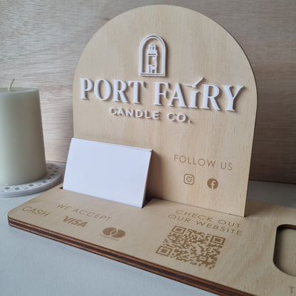 Business Station - Logo, social media icons, business card holder, payment methods, QR code, square reader holder