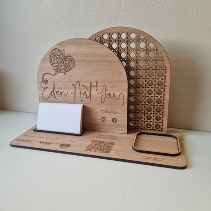 Business Station with Rattan backer - logo, social icons, business cards, square reader holder, payment methods, QR code